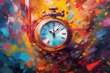 Capturing the essence of time's fleeting nature, an explosive concept unfolds through a clock where splatters of paint burst outward.  Generative Ai, Ai.