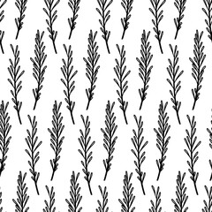 Rosemary branches seamless pattern. Abstract rosemary twigs with leaves, herb and spice doodle print. Vector illustration isolated on white background