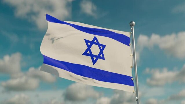 Seamless loop video of the flag Israel waving on a metal flagpole, against the background of light clouds on a sunny day. Bottom right view, static camera.