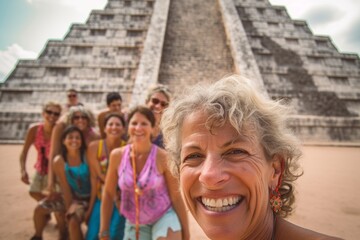 Fototapeta na wymiar Cheerful woman in front of pyramid of Chichen Itza in Mexico