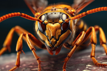 Zooming in on nature's fierce defenders, a close-up captures the intricate details of hornets in all their formidable glory. With their distinct yellow and black markings. Generative Ai, Ai. - obrazy, fototapety, plakaty