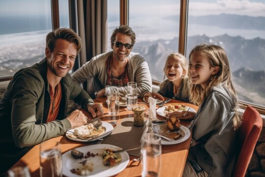 Happy family is having lunch in the restaurant. They are smiling and looking at camera.