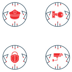 set of red cyber security icons with black lines