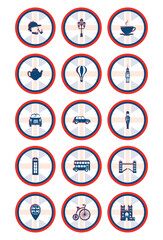 vector icon set of english culture with red and blue color borders