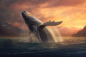 Fototapeta premium A majestic whale gracefully glides through its natural habitat, showcasing the awe-inspiring beauty of the ocean. With its immense size and gentle movements. Generative Ai, Ai.