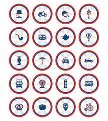 vector icon set of english culture with red and blue color borders