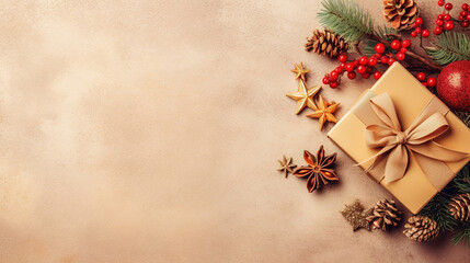 Christmas gifts red festive background, Present in gold packaging paper. Generative ai