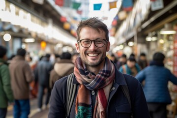 Obraz premium Lifestyle portrait photography of a pleased man in his 30s that is wearing a charming scarf at the Tsukiji Fish Market in Tokyo Japan . Generative AI