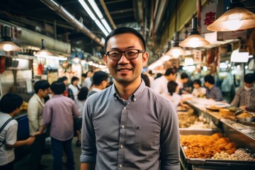 Asian man with eyeglasses standing in front of a market stall