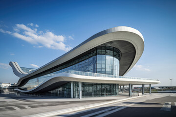 A futuristic airport or other building, characterized by its modern design and advanced architectural features. Generative Ai, Ai.