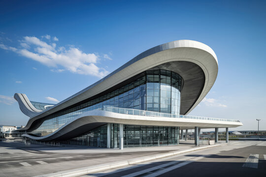 A futuristic airport or other building, characterized by its modern design and advanced architectural features. Generative Ai, Ai.
