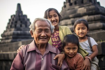 Asian family with grandchild and grandpa at Borobudur temple, Java, Indonesia