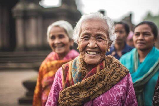 Lifestyle portrait photography of a grinning woman in her 80s that is smiling with friends at the Borobudur Temple in Magelang Indonesia . Generative AI