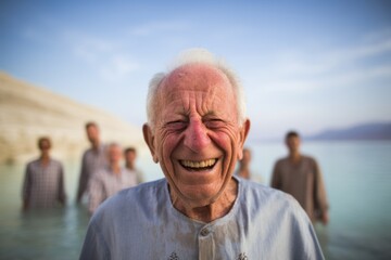 Portrait of an old man in the water with his friends in the background
