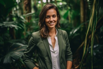Group portrait photography of a grinning woman in her 30s that is wearing a classic blazer at the Amazon Rainforest in Brazil . Generative AI