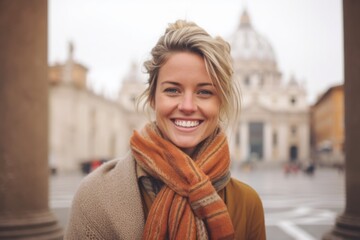 Portrait of a smiling young woman in front of St. Peter's Basilica in Vatican - obrazy, fototapety, plakaty