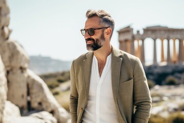 Handsome bearded man in sunglasses is looking away and smiling while standing on the ruins of ancient temple