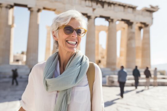 Portrait of smiling woman wearing sunglasses and scarf in front of Parthenon in Athens, Greece