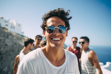 Portrait of young man with friends on the background in Santorini