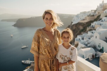 Fototapeta na wymiar Portrait of mother and daughter on Santorini island, Greece