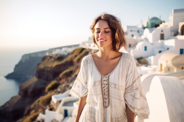 Fototapeta na wymiar Portrait of a beautiful young woman on Santorini island, Greece