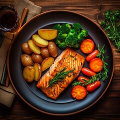 Fried salmon steak with potatoes and vegetables on wooden table top view generative AI