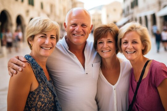 Group portrait photography of a pleased man in his 50s that is with the family at the Dubrovnik Old Town in Dubrovnik Croatia . Generative AI