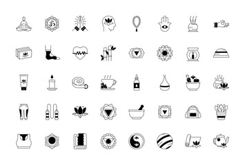 Yoga and Meditation Practice Vector Icons Set. Relaxation, Inner Peace, Self-knowledge, Inner Concentration, Spiritual Practice. 
