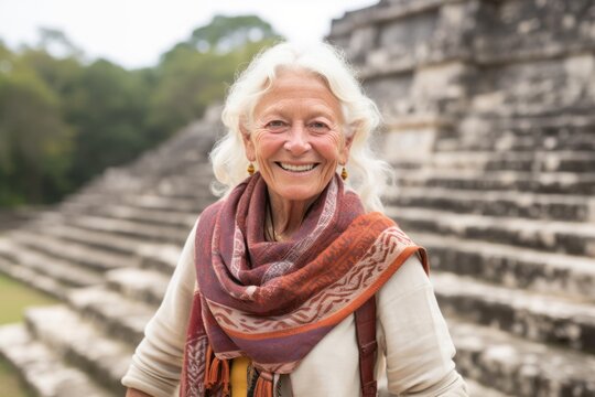 Group portrait photography of a grinning woman in her 60s that is wearing a chic cardigan at the Tikal National Park in Petén Guatemala . Generative AI