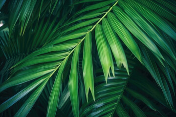 Background texture green palm leaves tropical jungle. AI