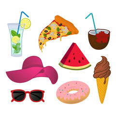 Set of Cartoon Summer Elements. Vector Illustration of Refreshing Drinks, Ice Cream, Pizza, Watermelon, Donut, Beach Hat, and Sunglasses