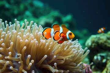 Naklejka na ściany i meble Clown fish on an anemone underwater reef in the tropical ocean. AI