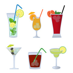 Set of Summer Cocktails. Vector Illustration of Refreshing Drinks. Mint Cocktail, Tomato Juice, Orange Cocktail, Olive Cocktail, Lemon Cocktail