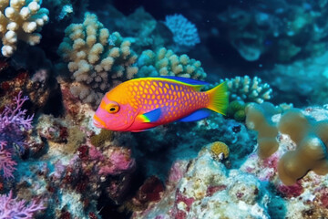Naklejka na ściany i meble Small colorful coral fish on the reef underwater tropical wildlife. AI
