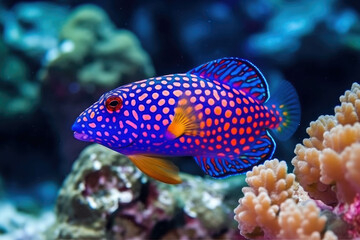 Naklejka na ściany i meble Small colorful coral fish on the reef underwater tropical wildlife. AI