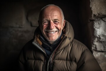 Portrait of a smiling senior man in winter jacket against brick wall