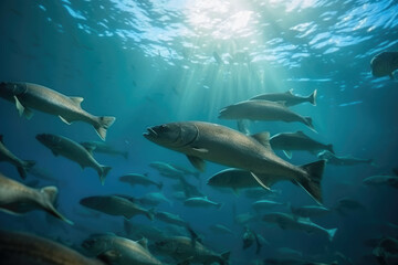 Obraz na płótnie Canvas Flock of catfish sea ecosystem in the ocean underwater background school of small fish. AI