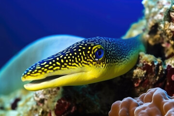 Naklejka na ściany i meble Ribbon moray eel fish reef tropical sea background. AI
