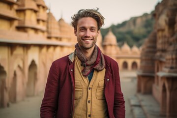 Handsome young man in a red jacket and scarf standing in front of the Taj Mahal in Agra, India