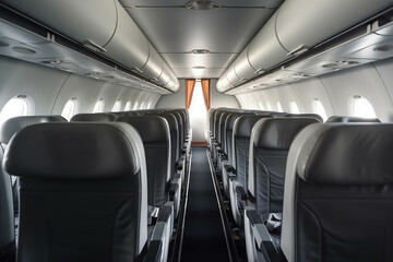 Interior of the aircraft, a row of seats in the flight of the aeroplane. AI