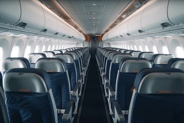 Fototapeta premium Interior of the aircraft, a row of seats in the flight of the aeroplane. AI