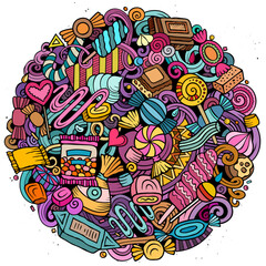 Naklejka premium Sweet Candies cartoon vector doodle round illustration.
