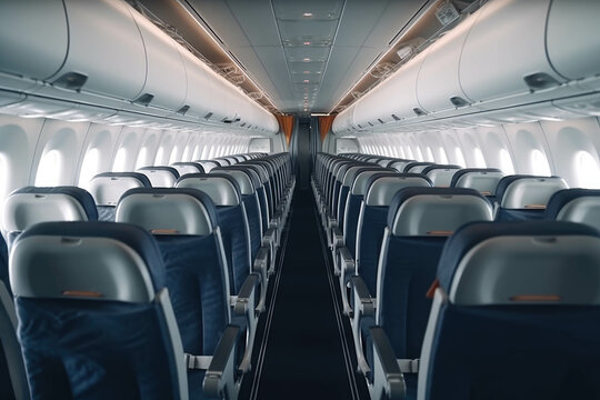 Interior of the aircraft, a row of seats in the flight of the aeroplane. AI