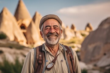 Happy senior man hiking in Cappadocia, Turkey.