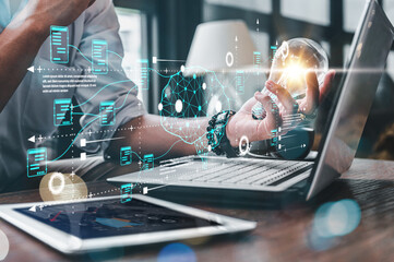 neural, technology, processor, network, link, system, intelligence, innovation, ai, lightbulb. hold...