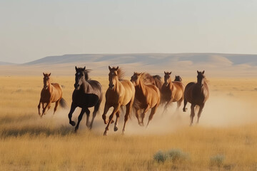 Horses running across the steppe, dynamic freedom herd. AI