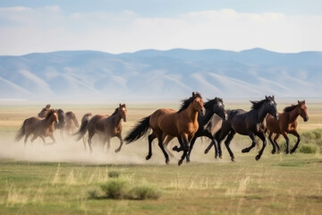 Fototapeta na wymiar Horses running across the steppe, dynamic freedom herd. AI