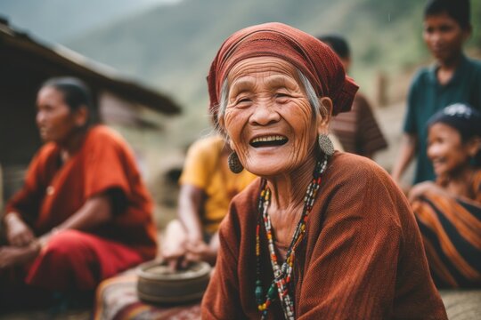 Lifestyle portrait photography of a grinning woman in her 50s that is smiling with friends at the Banaue Rice Terraces in Ifugao Philippines . Generative AI