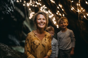 Lifestyle portrait photography of a grinning woman in her 40s that is with the family at the Waitomo Glowworm Caves in Waikato New Zealand . Generative AI - obrazy, fototapety, plakaty