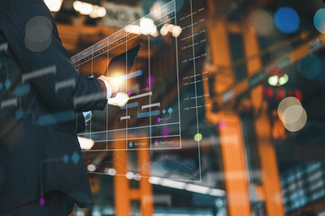 management, analysis, chart, dashboard, progress, planning, task, schedule, growth, team. business man check progress project at dashboard by tablet. management schedule and task for team to plan.